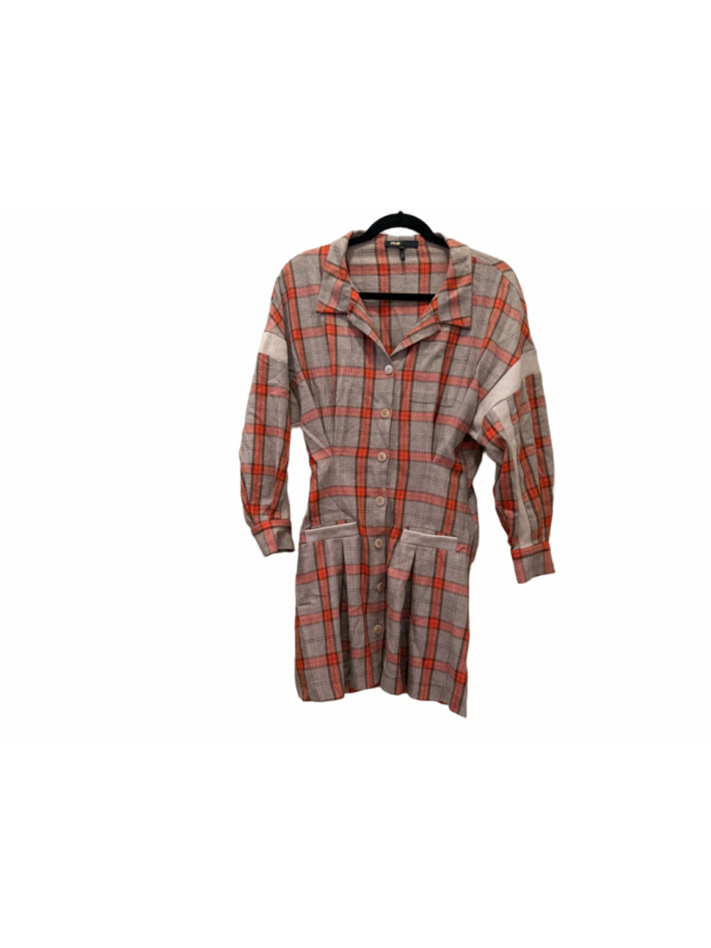 Maje Women’s Size 36 Plaid Button Front Mini Shirt Dress Orange Gray Long Sleeve